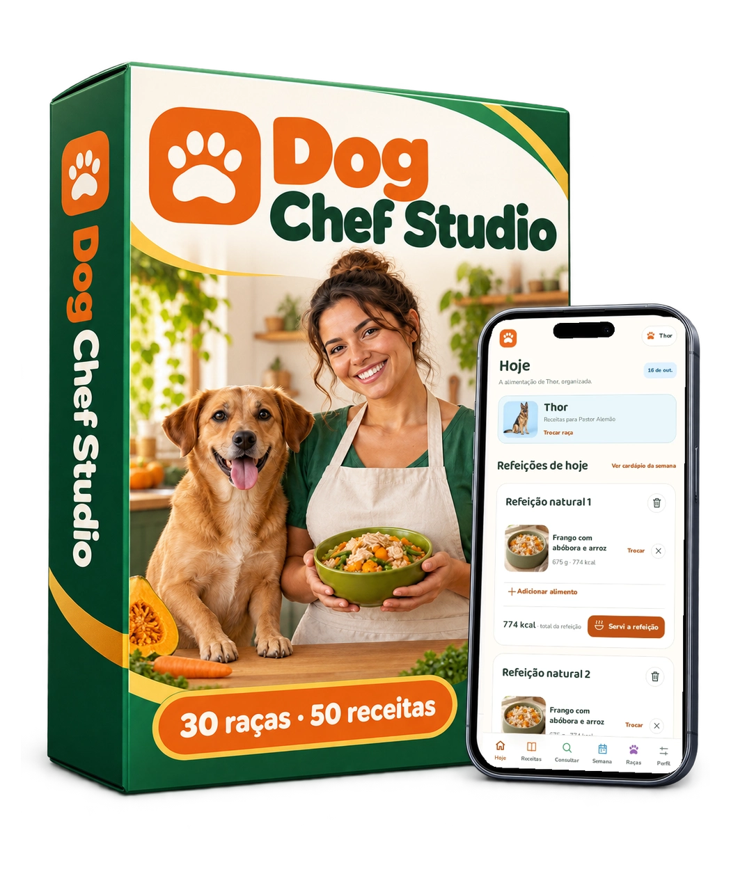 Caixa do produto Dog Chef Studio com o aplicativo no celular