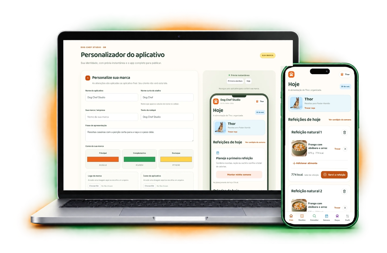 Personalizador do Dog Chef Studio no notebook e o aplicativo com a sua marca no celular