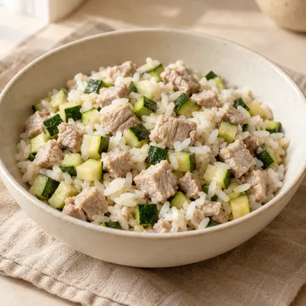 Lombo com arroz e abobrinha Lombo com arroz e abobrinha