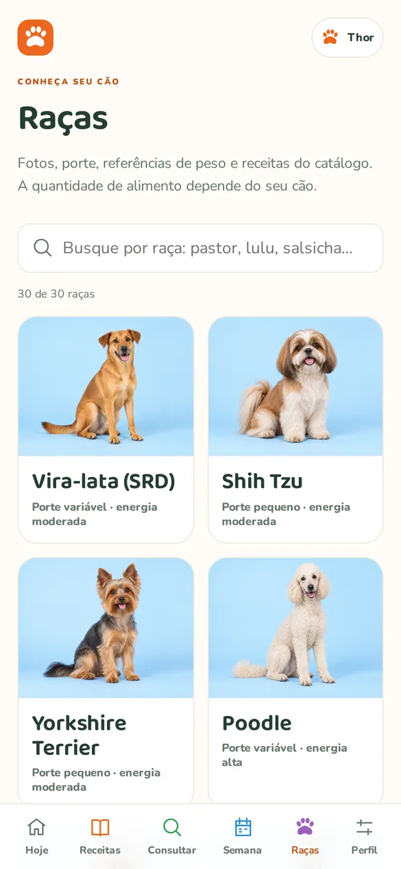 Tela do aplicativo: 30 raças